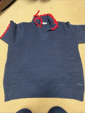 Design History Navy V-Neck Knit Sweater with Red Trim NWOT